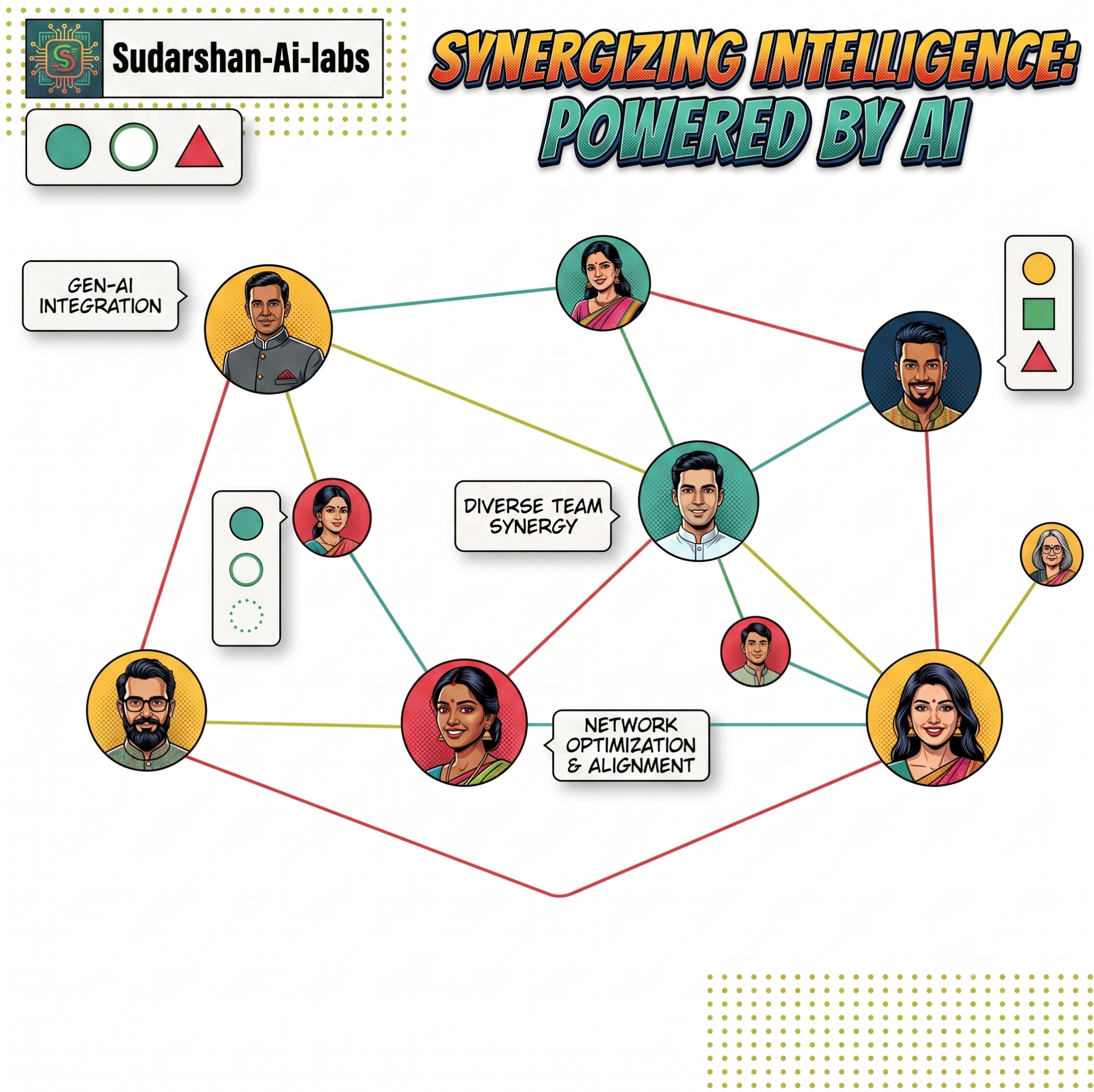 Comic-style network diagram showing diverse teams connected through AI