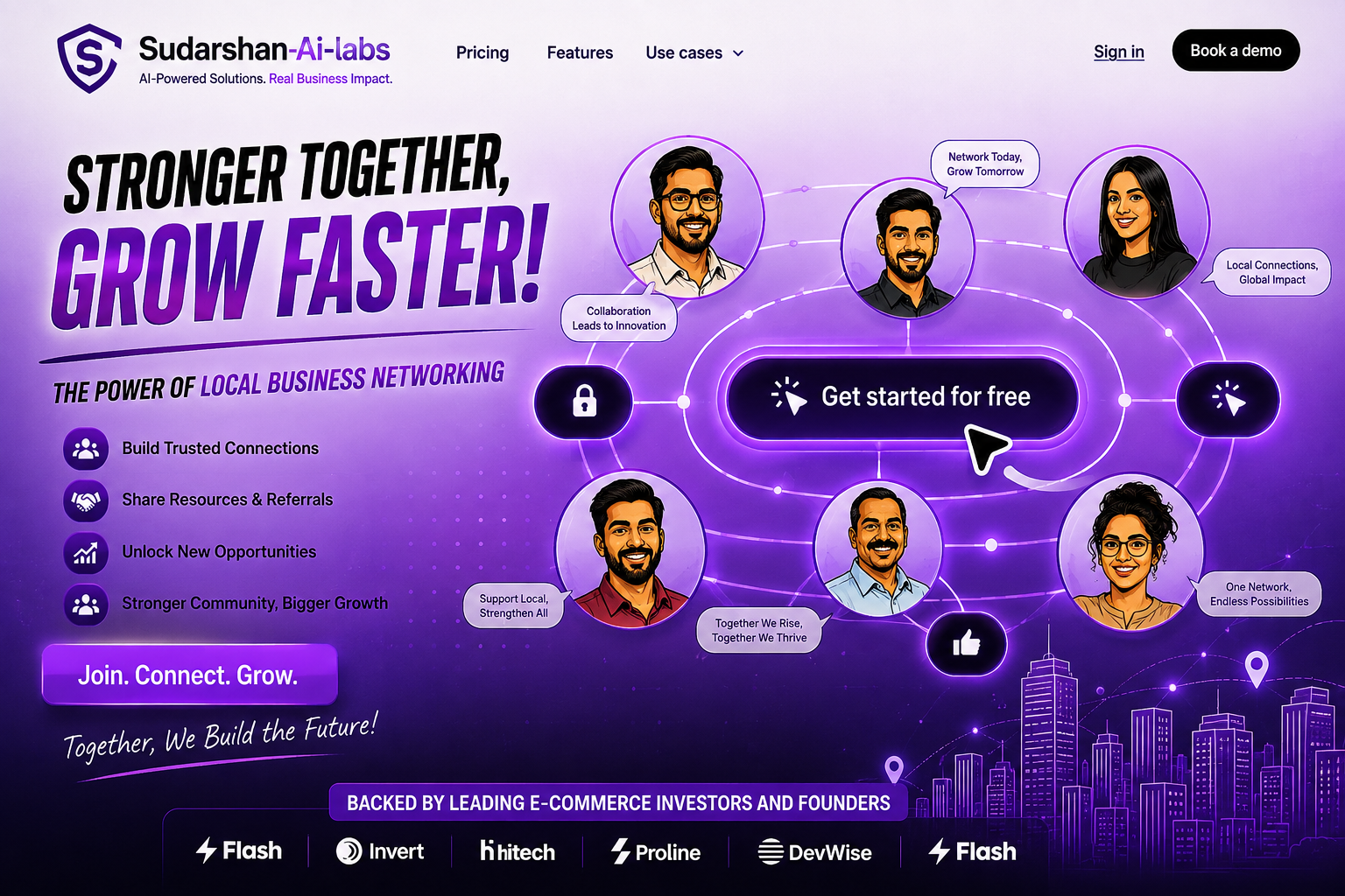 Illustrated Sudarshan AI Labs creative about local business networking and collaborative growth