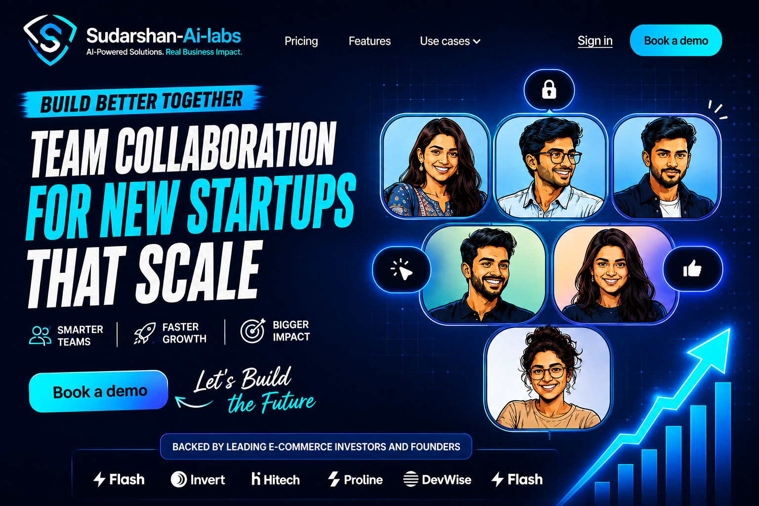 Illustrated Sudarshan AI Labs creative about team collaboration for startups that scale